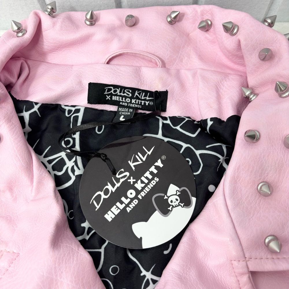 Dolls Kill X Hello Kitty Faux Leather Moto Jacket Spikes Full Lined Size L - Picture 6 of 15